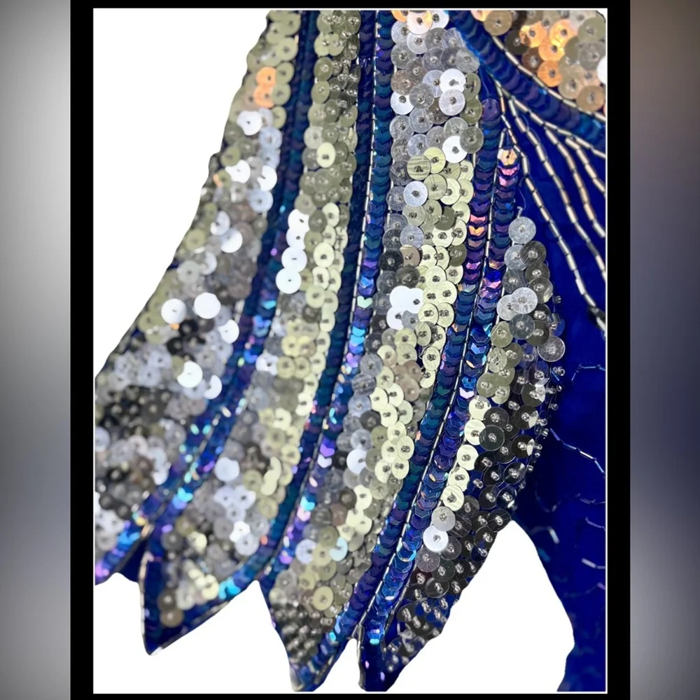 Laurence Kazar Vintage 80’s Blue Dress w/ Silver‎ Peacock Sequins and Open Back - Picture 5 of 10